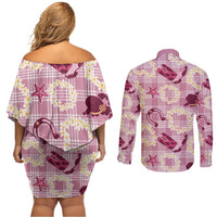 Aloha Hawaii Paniolo Lokelani Rose Palaka Couples Matching Off Shoulder Short Dress and Long Sleeve Button Shirt Coastal Rodeo LT7 - Polynesian Pride