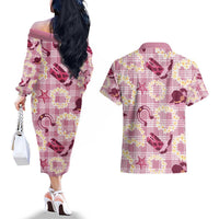 Aloha Hawaii Paniolo Lokelani Rose Palaka Couples Matching Off The Shoulder Long Sleeve Dress and Hawaiian Shirt Coastal Rodeo LT7 - Polynesian Pride