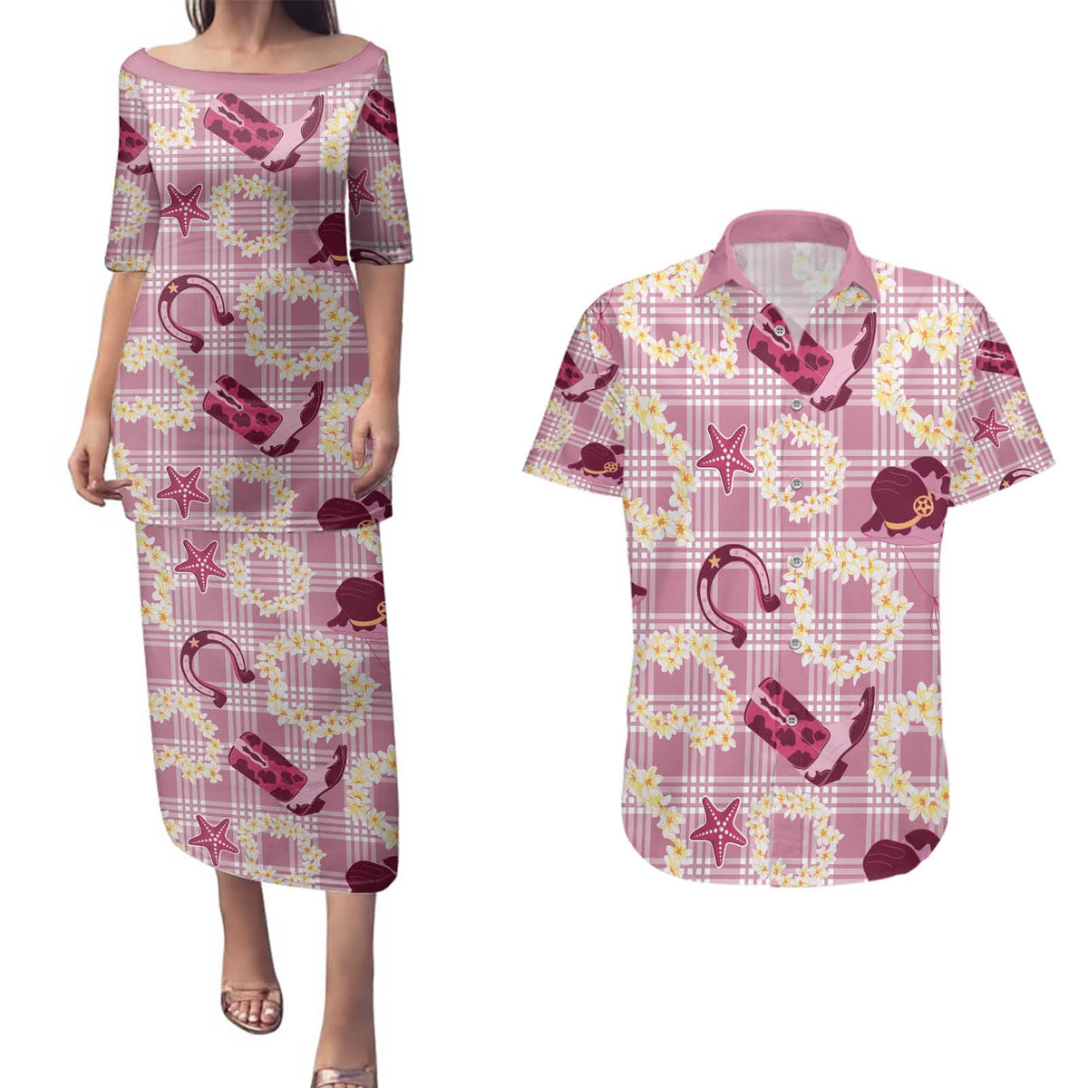 Aloha Hawaii Paniolo Lokelani Rose Palaka Couples Matching Puletasi and Hawaiian Shirt Coastal Rodeo LT7 Rose Pink - Polynesian Pride