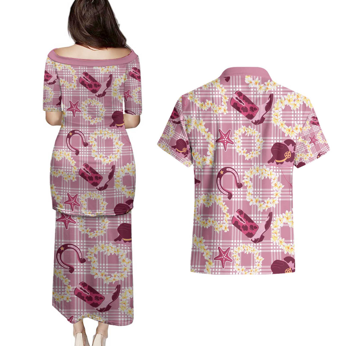 Aloha Hawaii Paniolo Lokelani Rose Palaka Couples Matching Puletasi and Hawaiian Shirt Coastal Rodeo LT7 - Polynesian Pride
