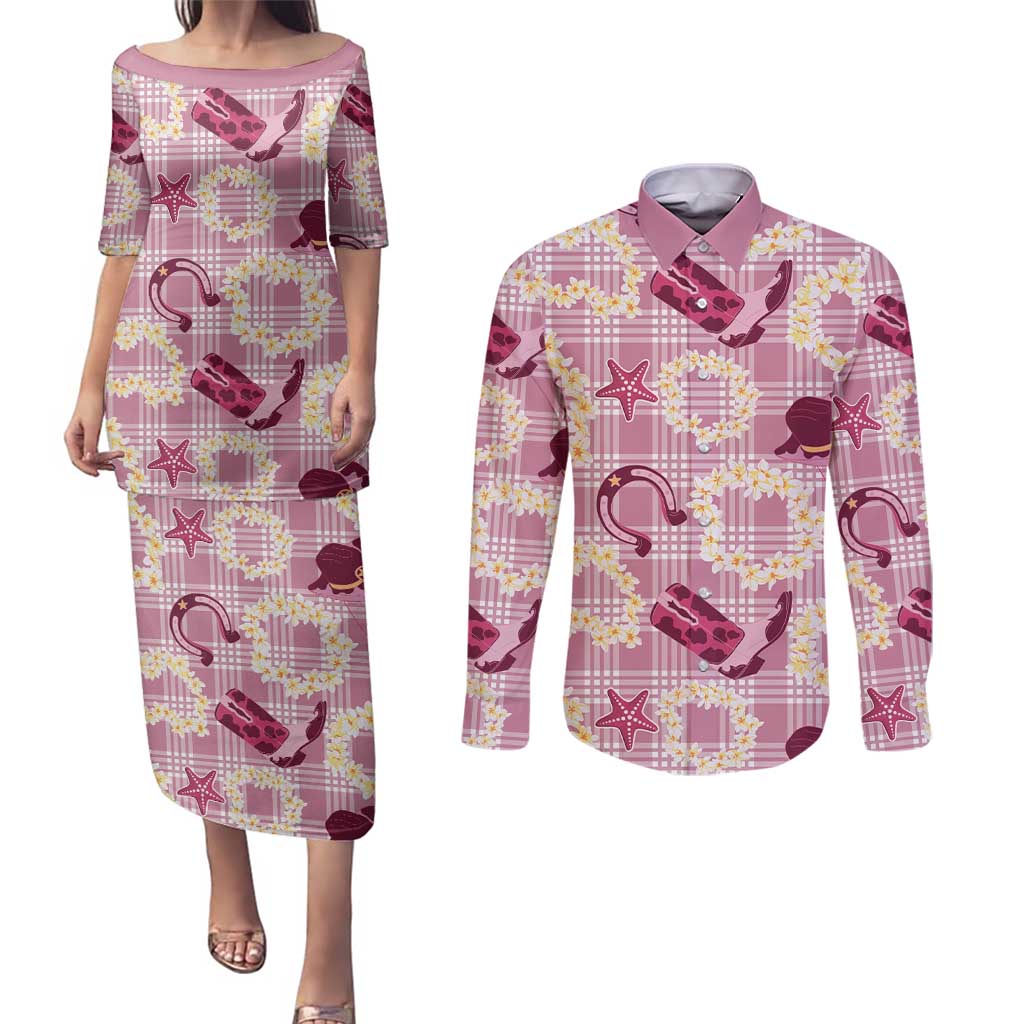 Aloha Hawaii Paniolo Lokelani Rose Palaka Couples Matching Puletasi and Long Sleeve Button Shirt Coastal Rodeo LT7 Rose Pink - Polynesian Pride