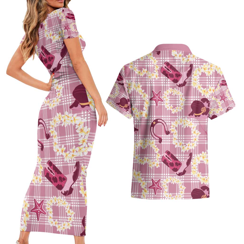 Aloha Hawaii Paniolo Lokelani Rose Palaka Couples Matching Short Sleeve Bodycon Dress and Hawaiian Shirt Coastal Rodeo LT7 - Polynesian Pride