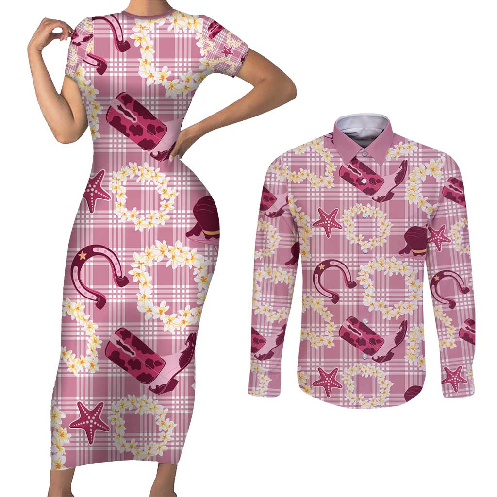 Aloha Hawaii Paniolo Lokelani Rose Palaka Couples Matching Short Sleeve Bodycon Dress and Long Sleeve Button Shirt Coastal Rodeo LT7 Rose Pink - Polynesian Pride