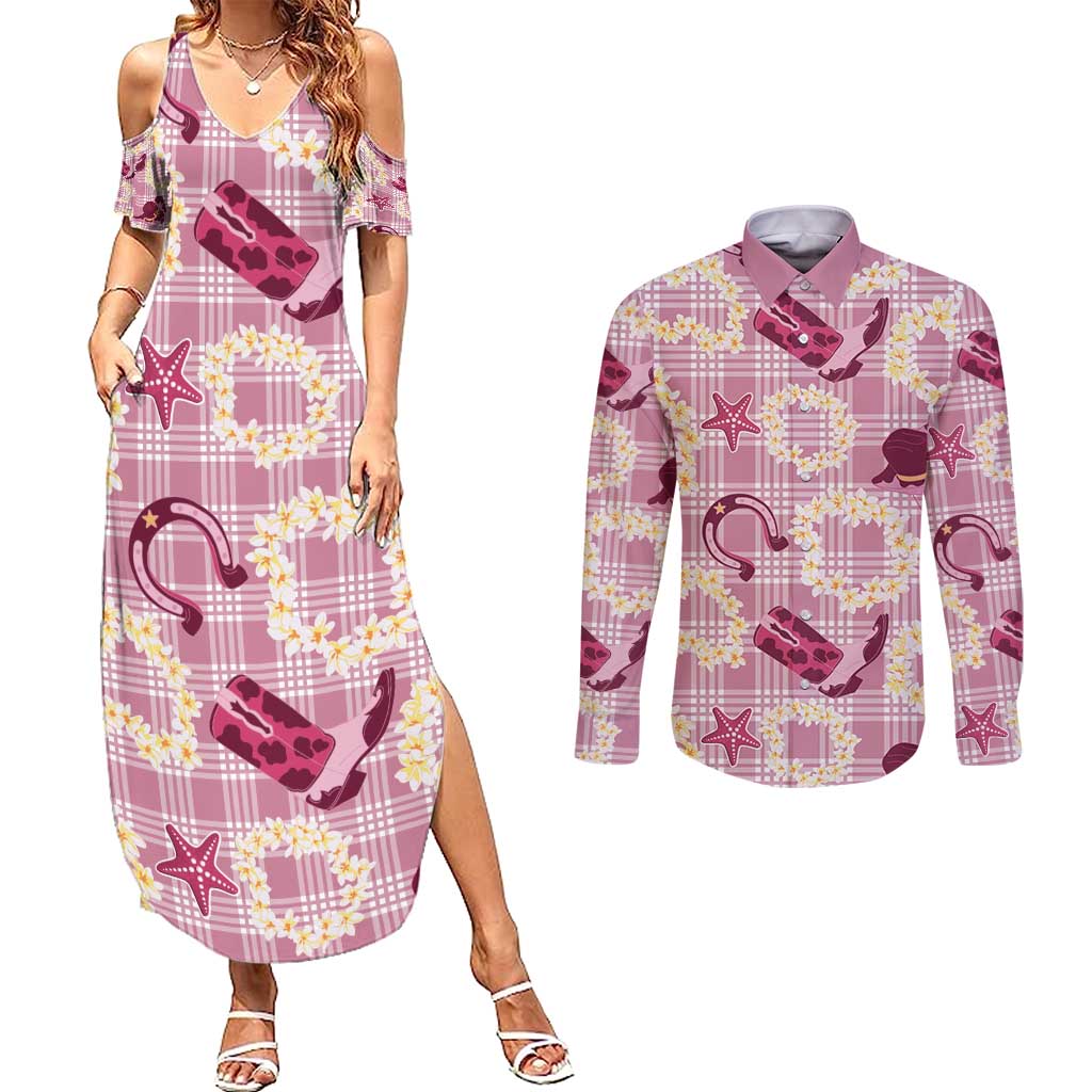Aloha Hawaii Paniolo Lokelani Rose Palaka Couples Matching Summer Maxi Dress and Long Sleeve Button Shirt Coastal Rodeo LT7 Rose Pink - Polynesian Pride