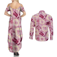 Aloha Hawaii Paniolo Lokelani Rose Palaka Couples Matching Summer Maxi Dress and Long Sleeve Button Shirt Coastal Rodeo LT7 - Polynesian Pride