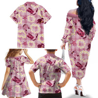 Aloha Hawaii Paniolo Lokelani Rose Palaka Family Matching Off The Shoulder Long Sleeve Dress and Hawaiian Shirt Coastal Rodeo LT7 - Polynesian Pride