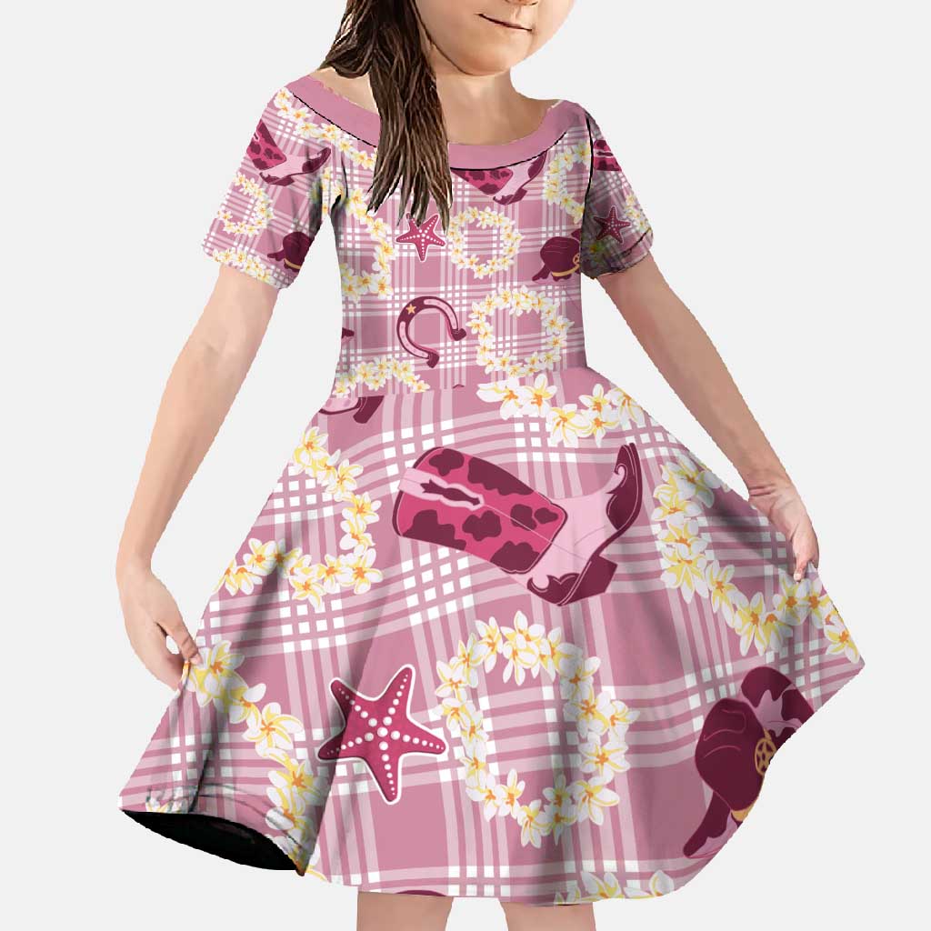 Aloha Hawaii Paniolo Lokelani Rose Palaka Family Matching Off Shoulder Maxi Dress and Hawaiian Shirt Coastal Rodeo LT7 Daughter's Dress Rose Pink - Polynesian Pride