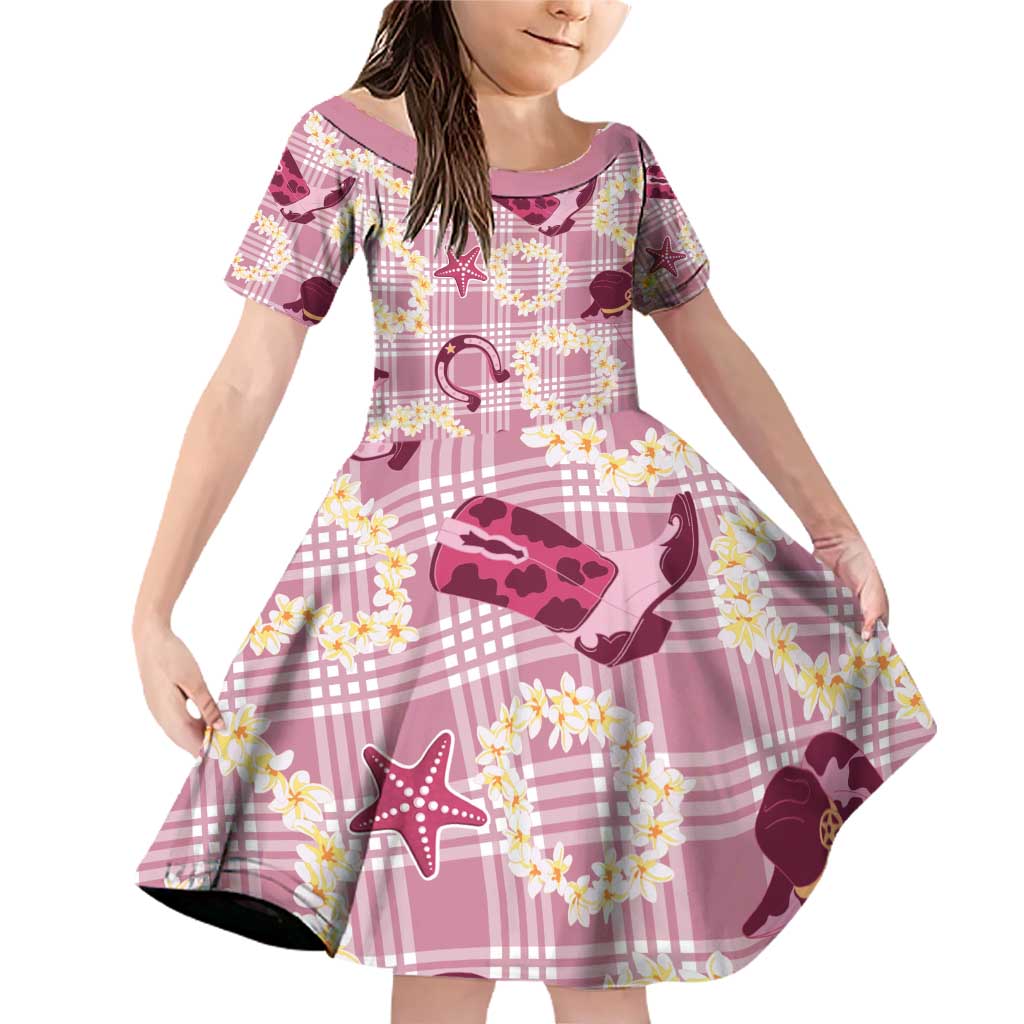 Aloha Hawaii Paniolo Lokelani Rose Palaka Family Matching Off Shoulder Short Dress and Hawaiian Shirt Coastal Rodeo LT7 Daughter's Dress Rose Pink - Polynesian Pride