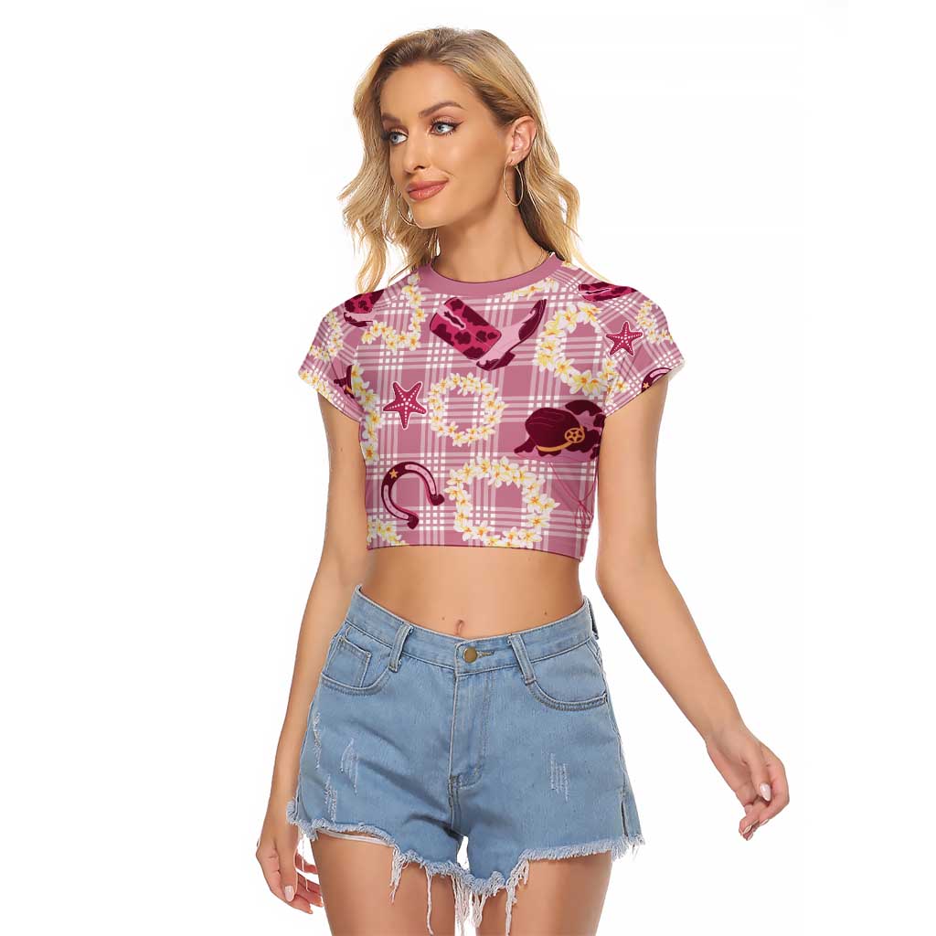 Aloha Hawaii Paniolo Lokelani Rose Palaka Raglan Cropped T Shirt Coastal Rodeo - Polynesian Pride