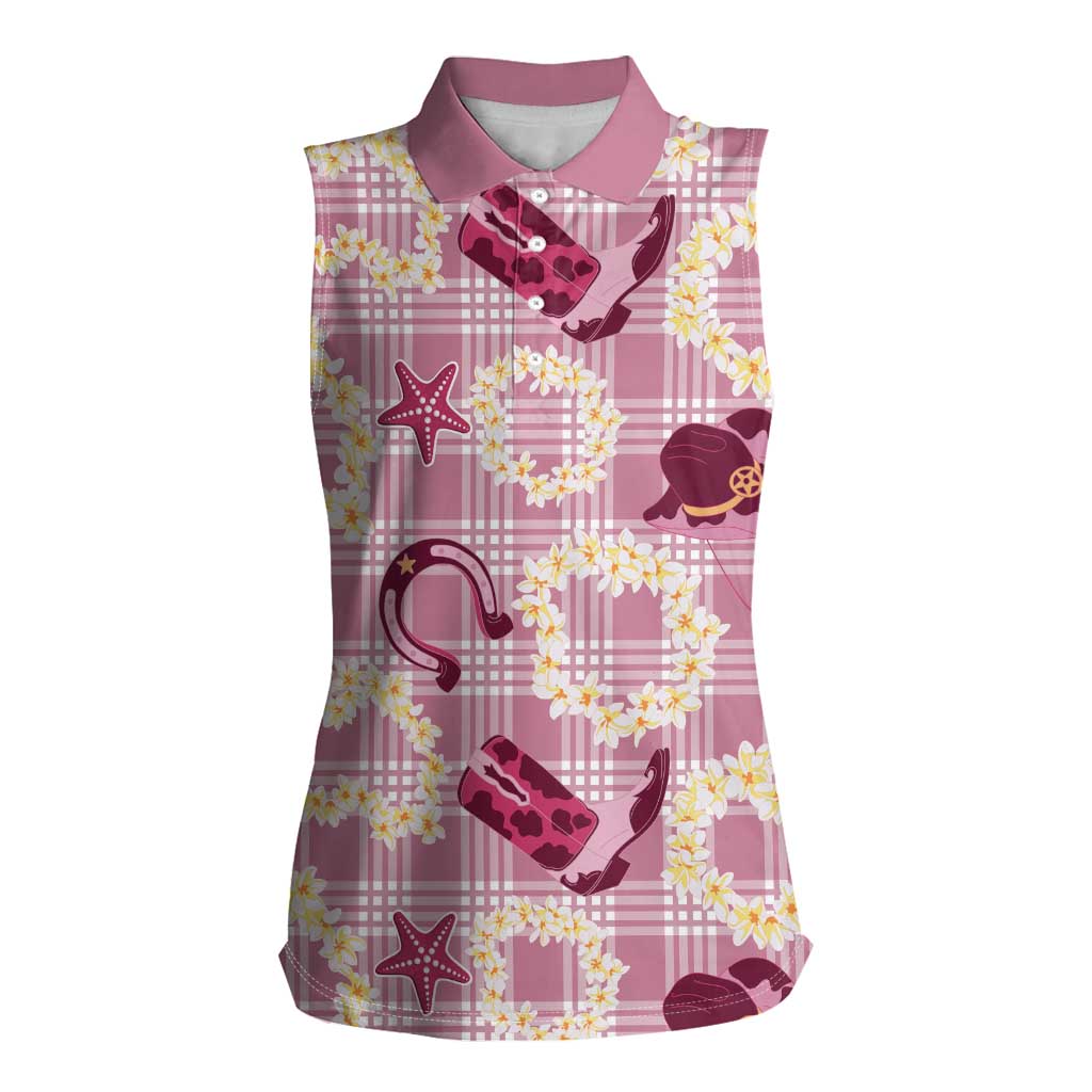 Aloha Hawaii Paniolo Lokelani Rose Palaka Women Sleeveless Polo Shirt Coastal Rodeo LT7 Female Rose Pink - Polynesian Pride