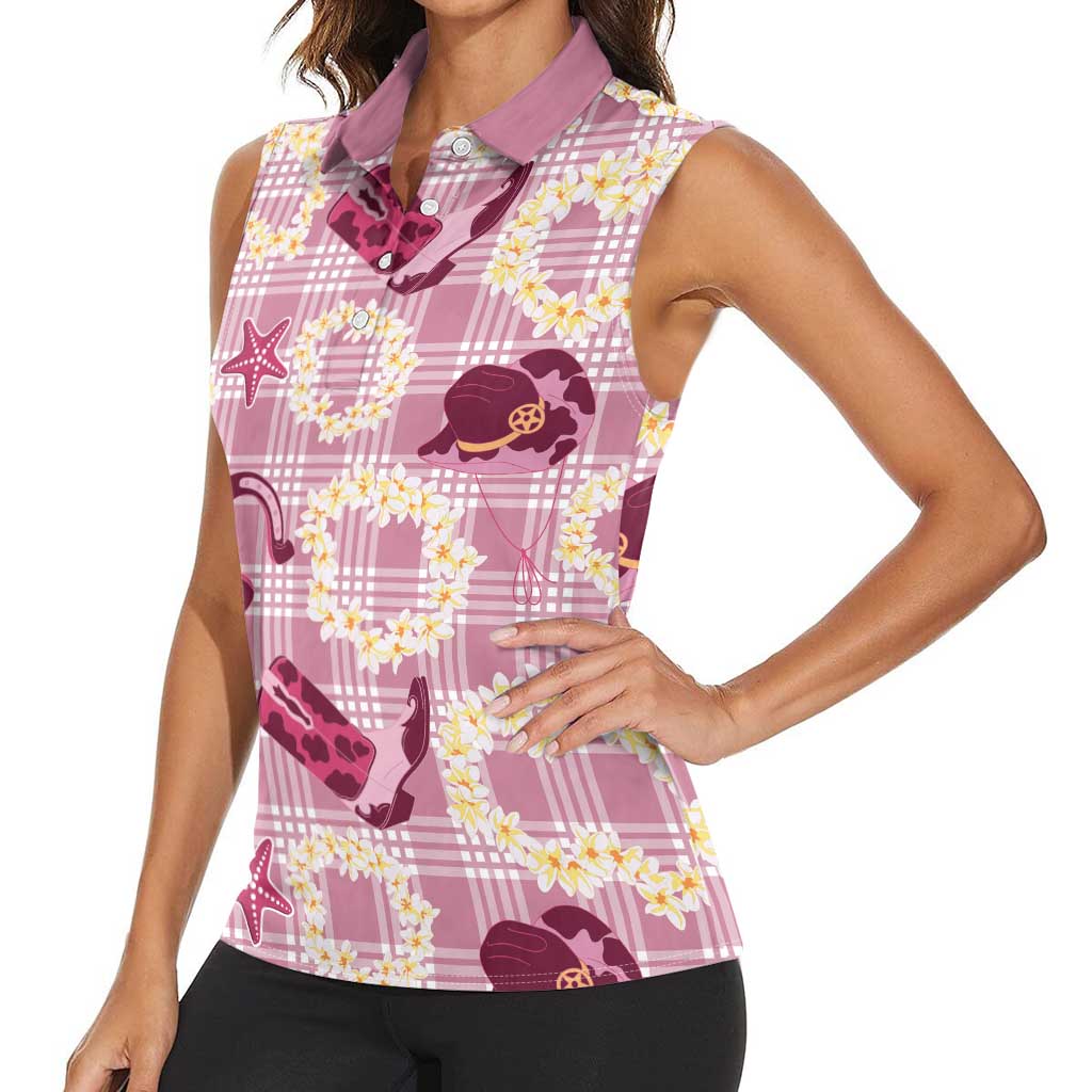 Aloha Hawaii Paniolo Lokelani Rose Palaka Women Sleeveless Polo Shirt Coastal Rodeo LT7 - Polynesian Pride