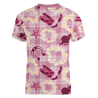 Aloha Hawaii Paniolo Lokelani Rose Palaka Women V-Neck T-Shirt Coastal Rodeo LT7 - Polynesian Pride