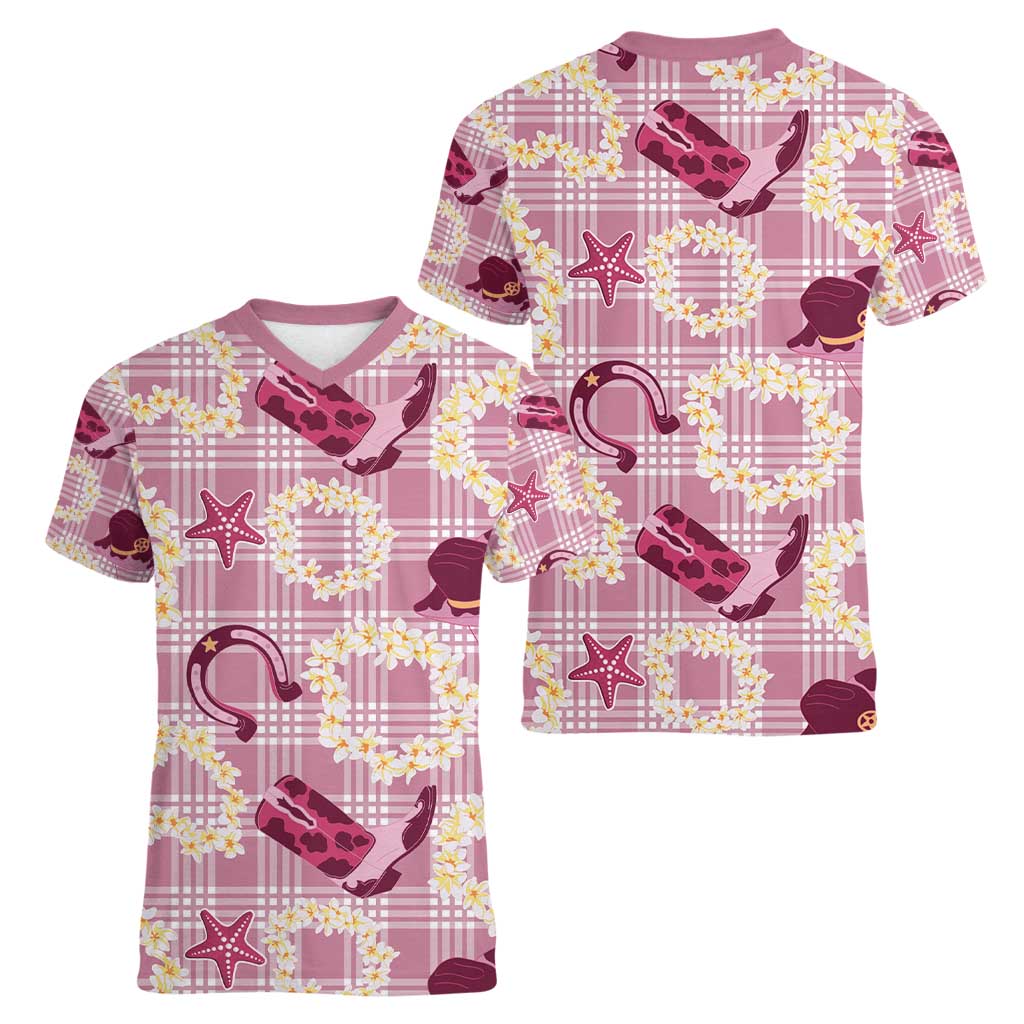 Aloha Hawaii Paniolo Lokelani Rose Palaka Women V-Neck T-Shirt Coastal Rodeo LT7 - Polynesian Pride
