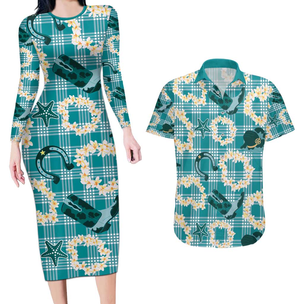 Aloha Hawaii Paniolo Teal Palaka Couples Matching Long Sleeve Bodycon Dress and Hawaiian Shirt Coastal Rodeo LT7 Teal - Polynesian Pride