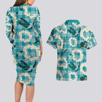 Aloha Hawaii Paniolo Teal Palaka Couples Matching Long Sleeve Bodycon Dress and Hawaiian Shirt Coastal Rodeo LT7 - Polynesian Pride