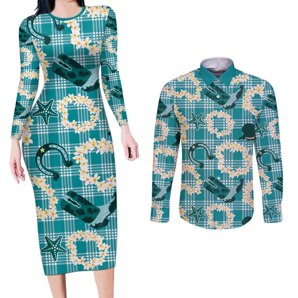 Aloha Hawaii Paniolo Teal Palaka Couples Matching Long Sleeve Bodycon Dress and Long Sleeve Button Shirt Coastal Rodeo LT7 Teal - Polynesian Pride