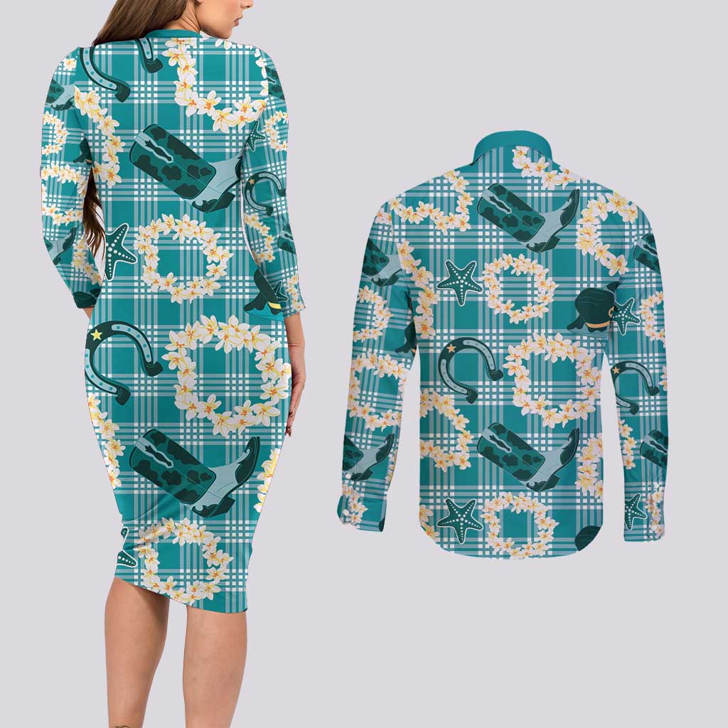 Aloha Hawaii Paniolo Teal Palaka Couples Matching Long Sleeve Bodycon Dress and Long Sleeve Button Shirt Coastal Rodeo LT7 - Polynesian Pride