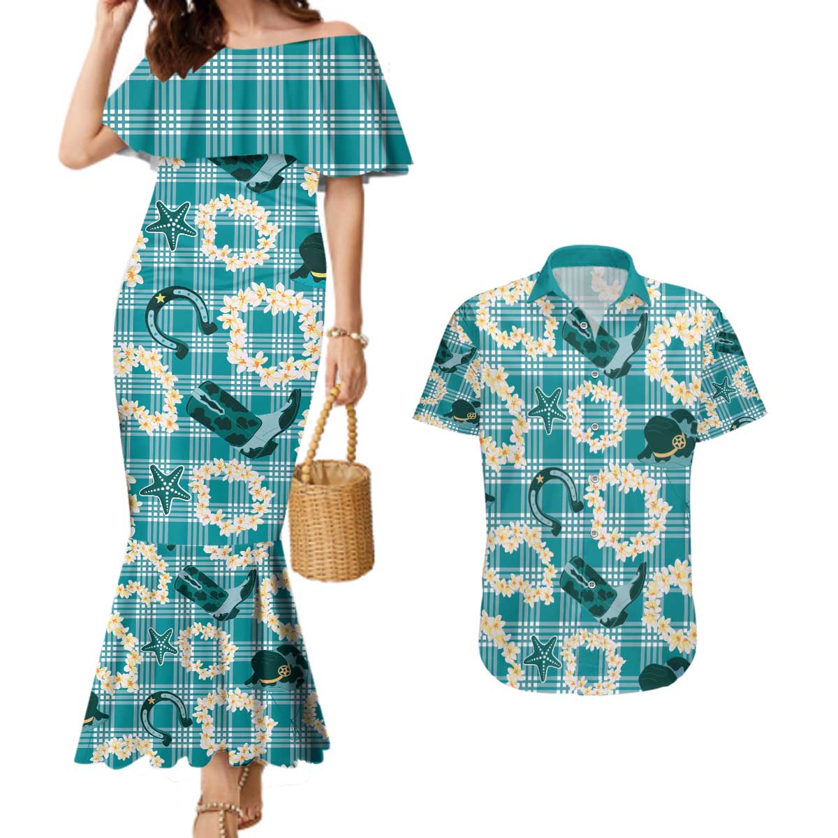 Aloha Hawaii Paniolo Teal Palaka Couples Matching Mermaid Dress and Hawaiian Shirt Coastal Rodeo LT7 Teal - Polynesian Pride