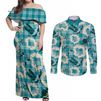 Aloha Hawaii Paniolo Teal Palaka Couples Matching Off Shoulder Maxi Dress and Long Sleeve Button Shirt Coastal Rodeo LT7 Teal - Polynesian Pride