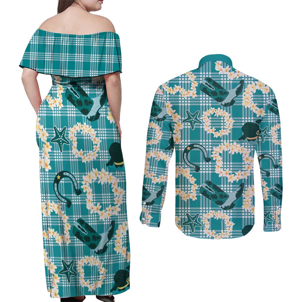 Aloha Hawaii Paniolo Teal Palaka Couples Matching Off Shoulder Maxi Dress and Long Sleeve Button Shirt Coastal Rodeo LT7 - Polynesian Pride