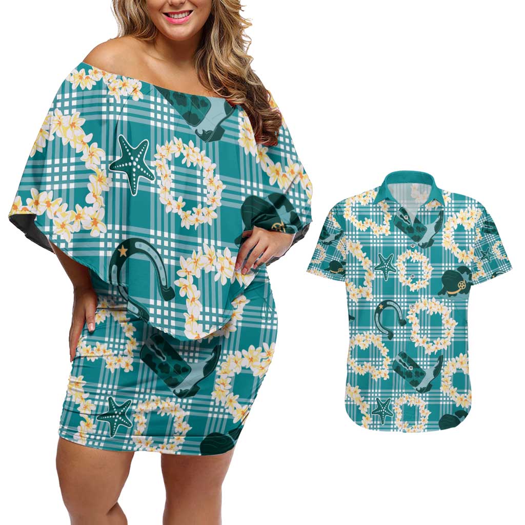 Aloha Hawaii Paniolo Teal Palaka Couples Matching Off Shoulder Short Dress and Hawaiian Shirt Coastal Rodeo LT7 Teal - Polynesian Pride
