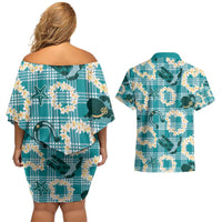 Aloha Hawaii Paniolo Teal Palaka Couples Matching Off Shoulder Short Dress and Hawaiian Shirt Coastal Rodeo LT7 - Polynesian Pride