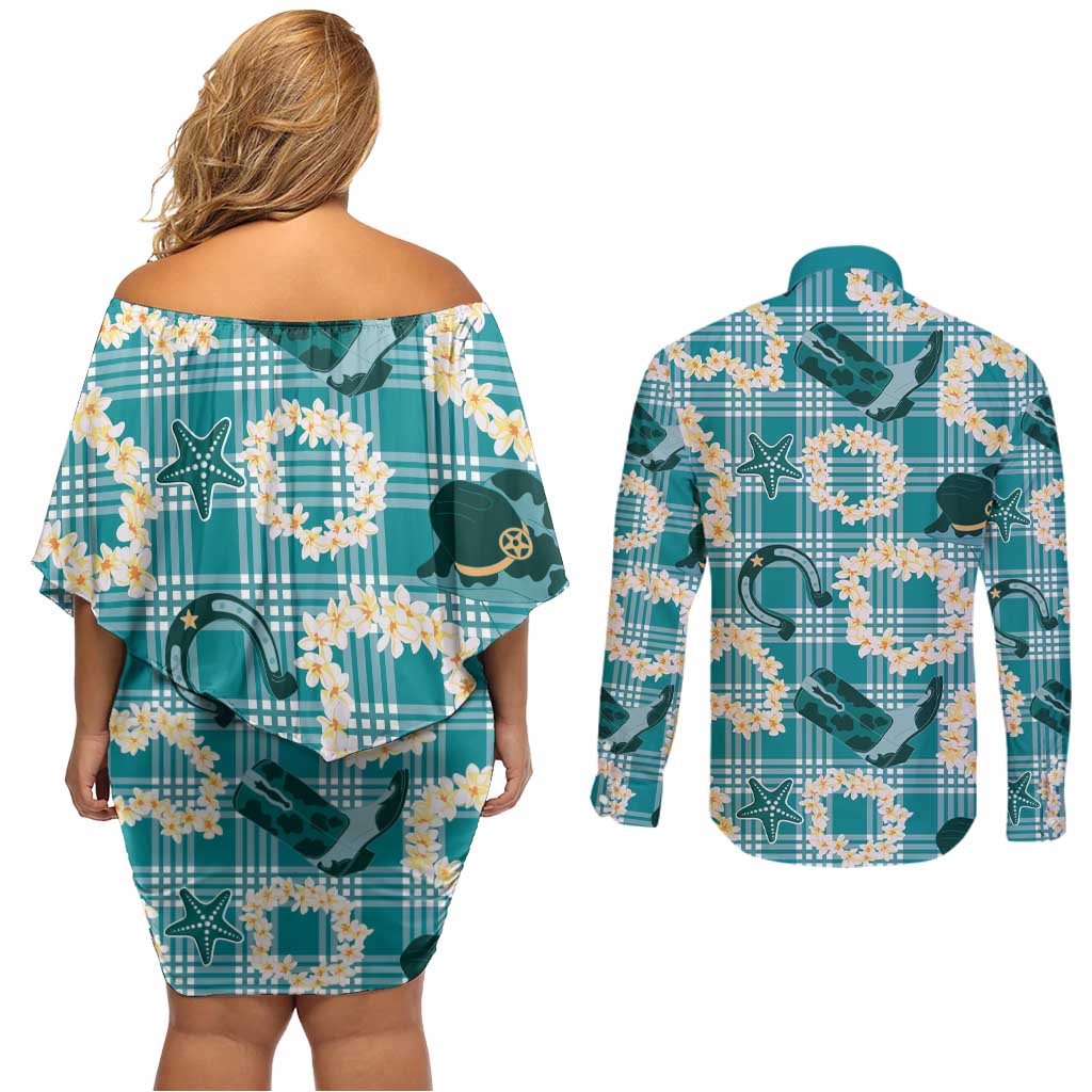 Aloha Hawaii Paniolo Teal Palaka Couples Matching Off Shoulder Short Dress and Long Sleeve Button Shirt Coastal Rodeo LT7 - Polynesian Pride