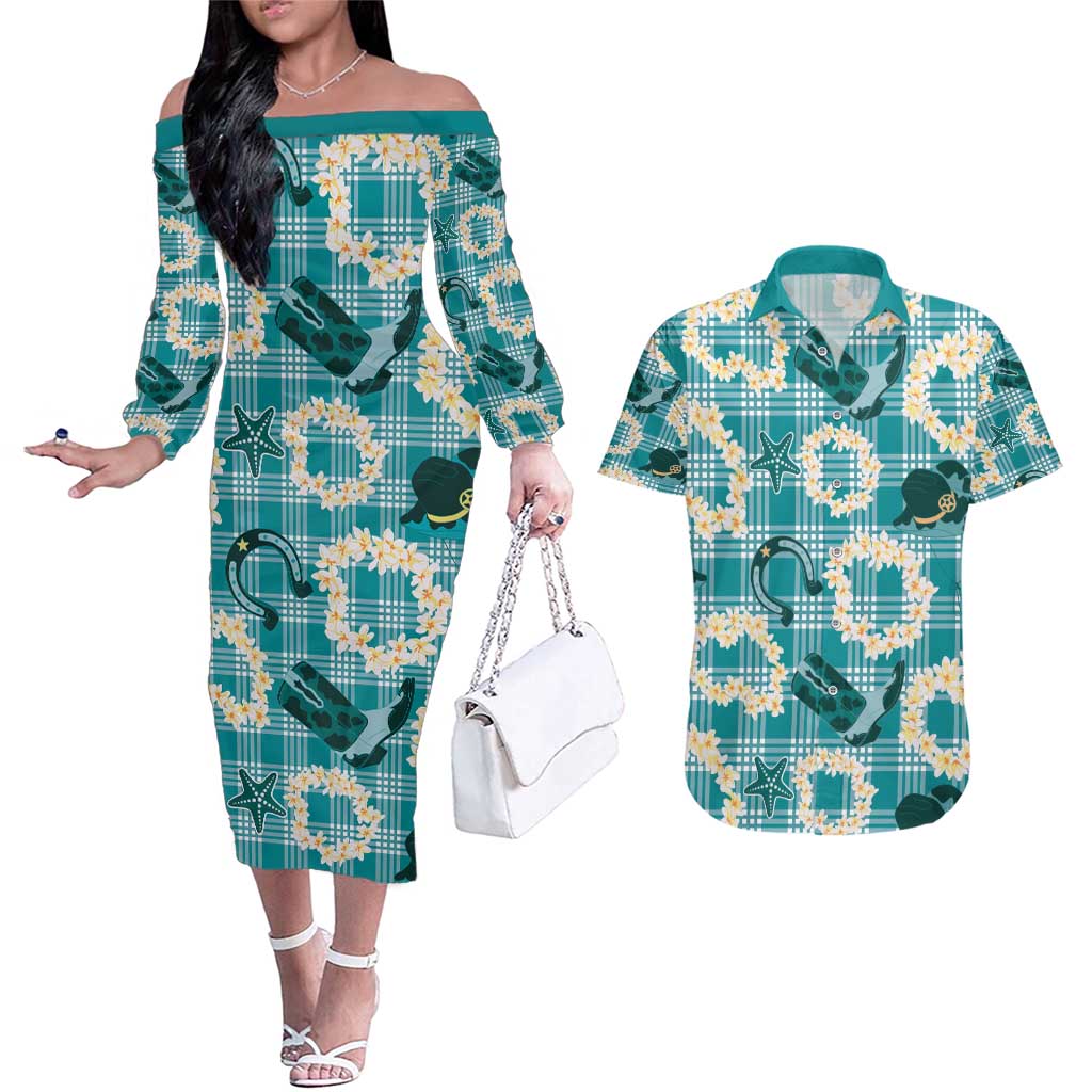 Aloha Hawaii Paniolo Teal Palaka Couples Matching Off The Shoulder Long Sleeve Dress and Hawaiian Shirt Coastal Rodeo LT7 Teal - Polynesian Pride