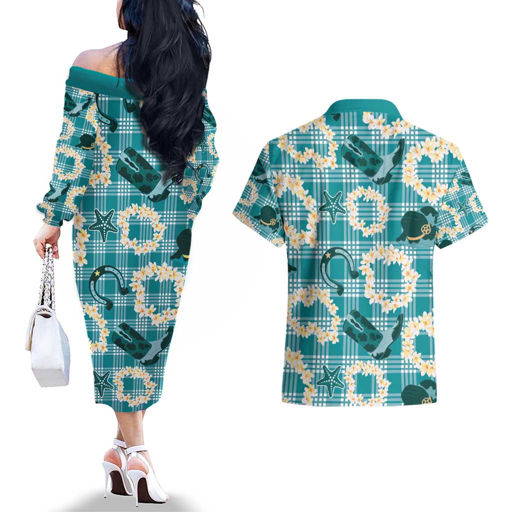 Aloha Hawaii Paniolo Teal Palaka Couples Matching Off The Shoulder Long Sleeve Dress and Hawaiian Shirt Coastal Rodeo LT7 - Polynesian Pride