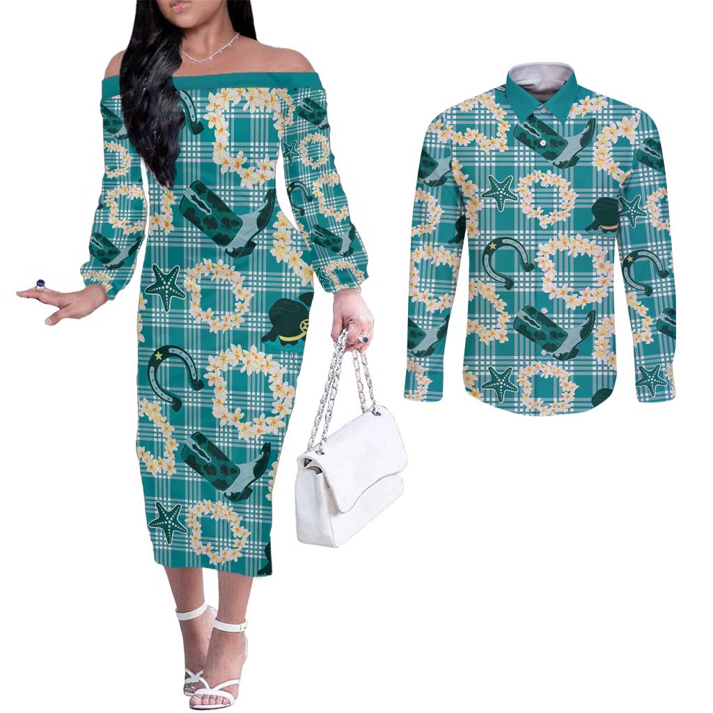 Aloha Hawaii Paniolo Teal Palaka Couples Matching Off The Shoulder Long Sleeve Dress and Long Sleeve Button Shirt Coastal Rodeo LT7 Teal - Polynesian Pride