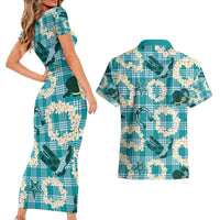 Aloha Hawaii Paniolo Teal Palaka Couples Matching Short Sleeve Bodycon Dress and Hawaiian Shirt Coastal Rodeo LT7 - Polynesian Pride