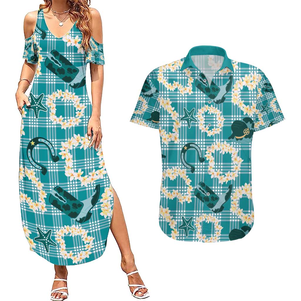 Aloha Hawaii Paniolo Teal Palaka Couples Matching Summer Maxi Dress and Hawaiian Shirt Coastal Rodeo LT7 Teal - Polynesian Pride