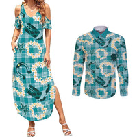 Aloha Hawaii Paniolo Teal Palaka Couples Matching Summer Maxi Dress and Long Sleeve Button Shirt Coastal Rodeo LT7 Teal - Polynesian Pride