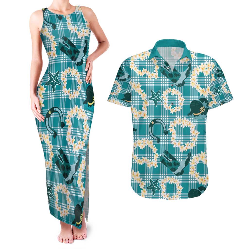 Aloha Hawaii Paniolo Teal Palaka Couples Matching Tank Maxi Dress and Hawaiian Shirt Coastal Rodeo LT7 Teal - Polynesian Pride