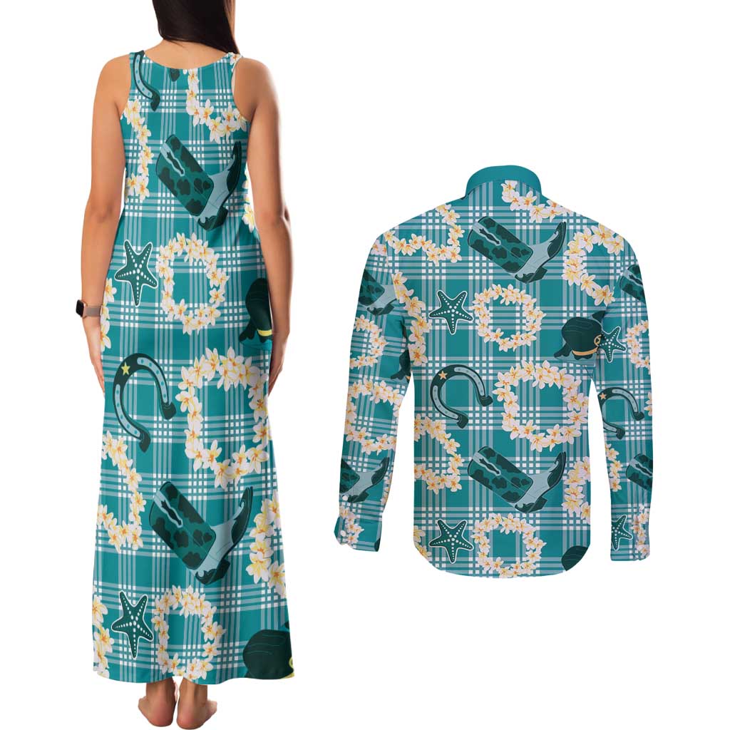 Aloha Hawaii Paniolo Teal Palaka Couples Matching Tank Maxi Dress and Long Sleeve Button Shirt Coastal Rodeo LT7 - Polynesian Pride