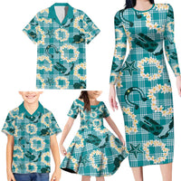 Aloha Hawaii Paniolo Teal Palaka Family Matching Long Sleeve Bodycon Dress and Hawaiian Shirt Coastal Rodeo LT7 - Polynesian Pride