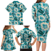 Aloha Hawaii Paniolo Teal Palaka Family Matching Long Sleeve Bodycon Dress and Hawaiian Shirt Coastal Rodeo LT7 - Polynesian Pride