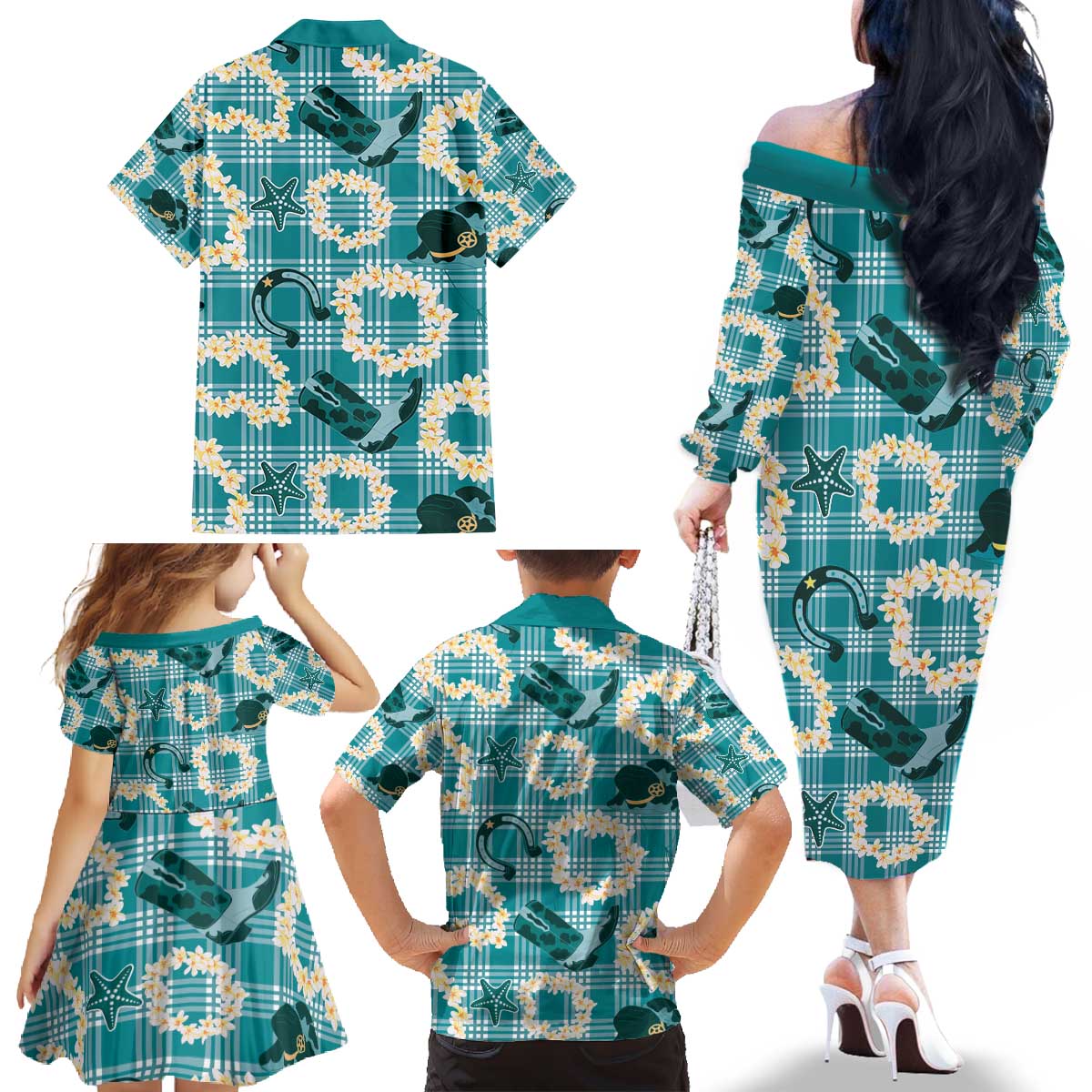 Aloha Hawaii Paniolo Teal Palaka Family Matching Off The Shoulder Long Sleeve Dress and Hawaiian Shirt Coastal Rodeo LT7 - Polynesian Pride