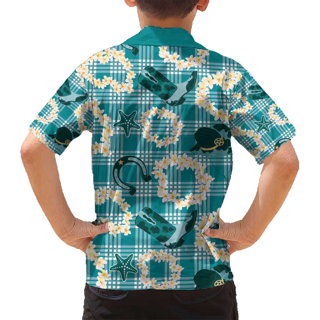 Aloha Hawaii Paniolo Teal Palaka Family Matching Off Shoulder Maxi Dress and Hawaiian Shirt Coastal Rodeo LT7 - Polynesian Pride