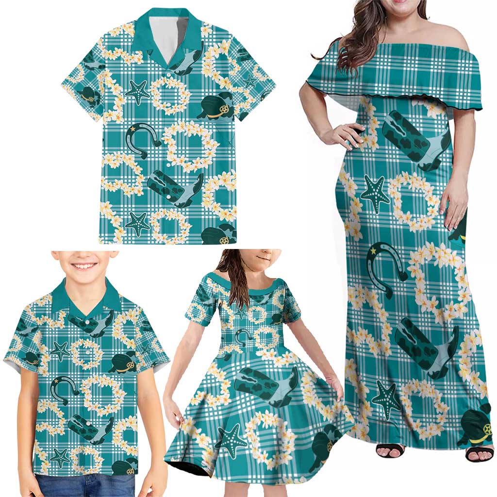 Aloha Hawaii Paniolo Teal Palaka Family Matching Off Shoulder Maxi Dress and Hawaiian Shirt Coastal Rodeo LT7 - Polynesian Pride