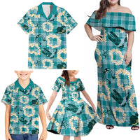 Aloha Hawaii Paniolo Teal Palaka Family Matching Off Shoulder Maxi Dress and Hawaiian Shirt Coastal Rodeo LT7 - Polynesian Pride