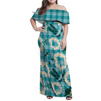 Aloha Hawaii Paniolo Teal Palaka Family Matching Off Shoulder Maxi Dress and Hawaiian Shirt Coastal Rodeo LT7 Mom's Dress Teal - Polynesian Pride