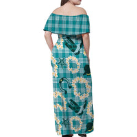 Aloha Hawaii Paniolo Teal Palaka Family Matching Off Shoulder Maxi Dress and Hawaiian Shirt Coastal Rodeo LT7 - Polynesian Pride