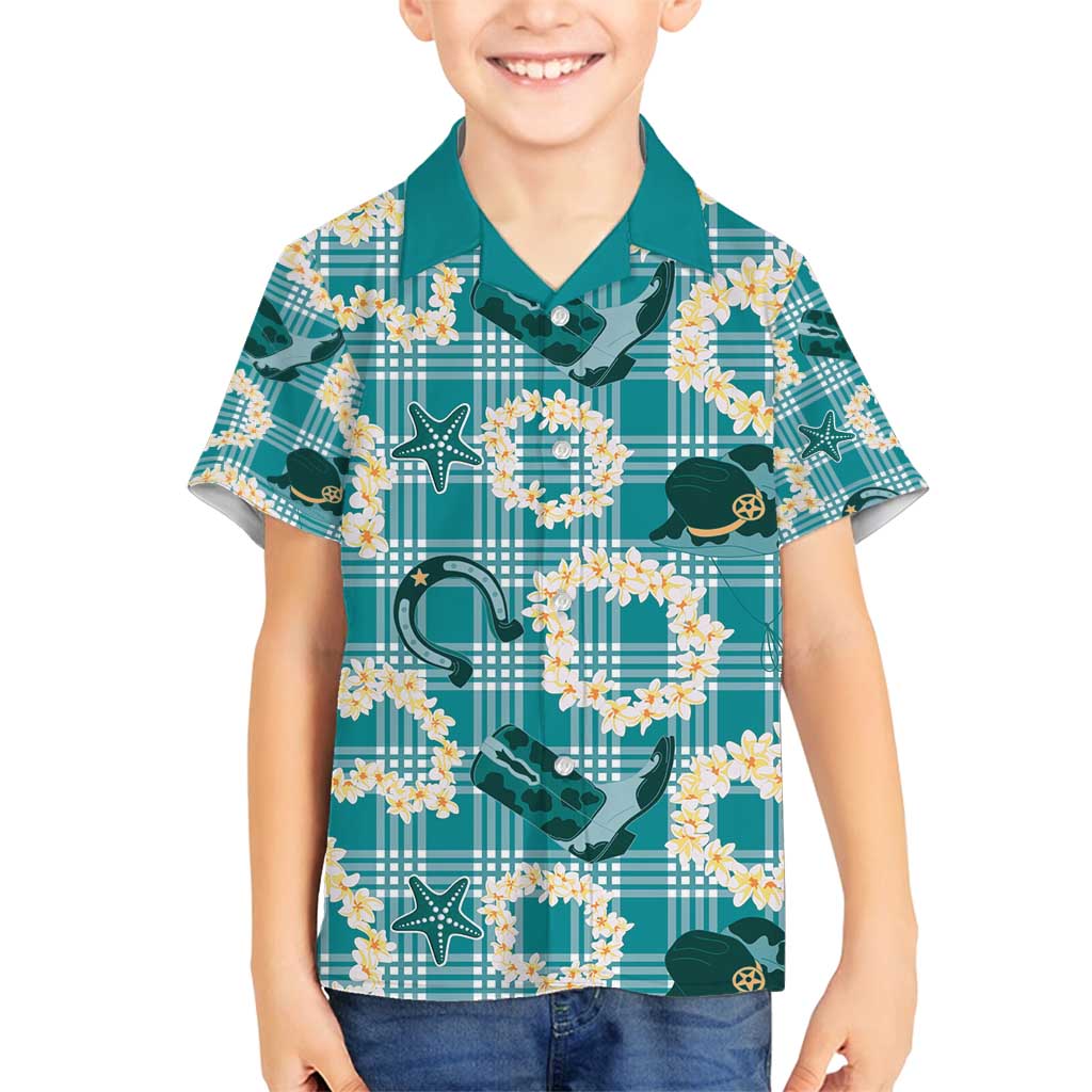 Aloha Hawaii Paniolo Teal Palaka Family Matching Off Shoulder Maxi Dress and Hawaiian Shirt Coastal Rodeo LT7 Son's Shirt Teal - Polynesian Pride