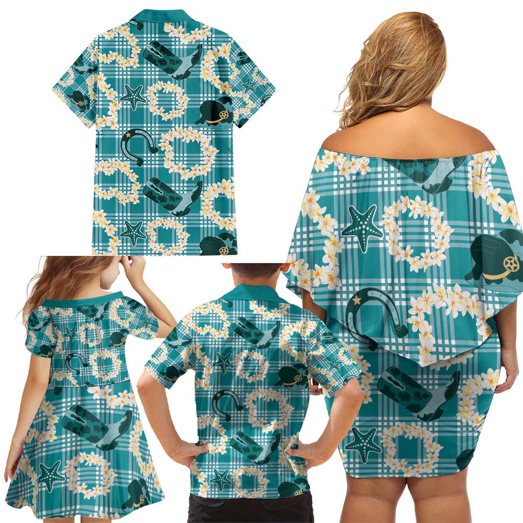 Aloha Hawaii Paniolo Teal Palaka Family Matching Off Shoulder Short Dress and Hawaiian Shirt Coastal Rodeo LT7 - Polynesian Pride