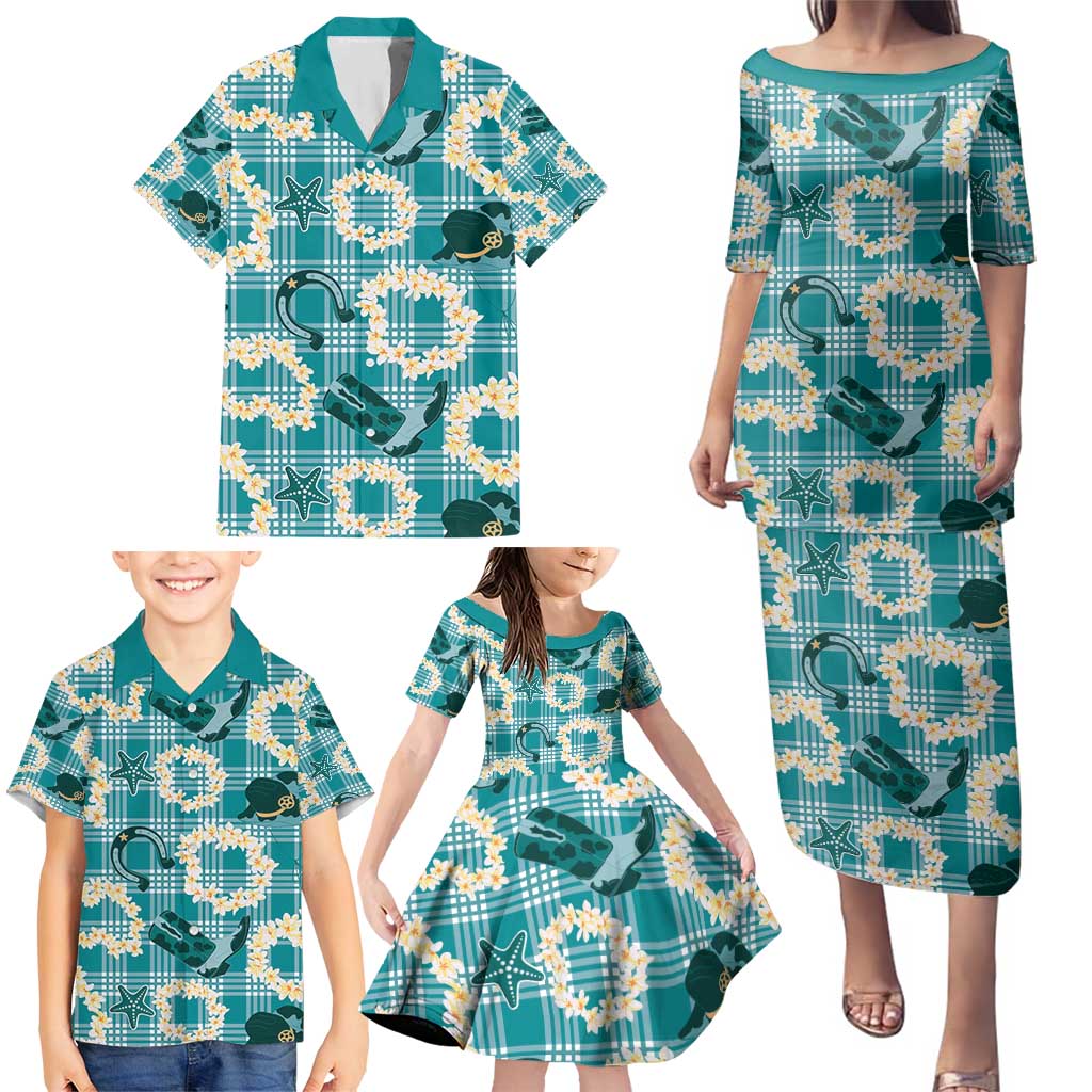 Aloha Hawaii Paniolo Teal Palaka Family Matching Puletasi and Hawaiian Shirt Coastal Rodeo LT7 - Polynesian Pride