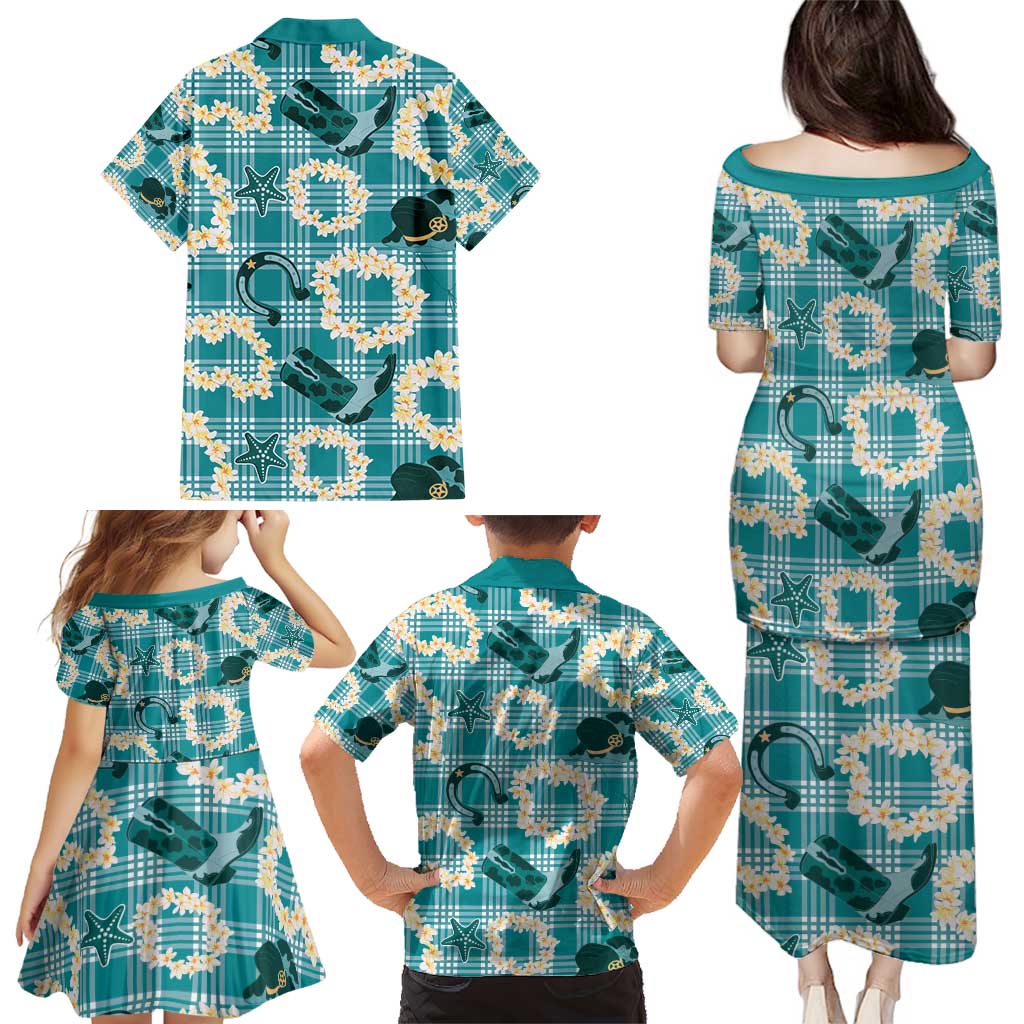 Aloha Hawaii Paniolo Teal Palaka Family Matching Puletasi and Hawaiian Shirt Coastal Rodeo LT7 - Polynesian Pride