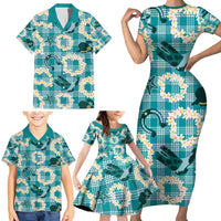 Aloha Hawaii Paniolo Teal Palaka Family Matching Short Sleeve Bodycon Dress and Hawaiian Shirt Coastal Rodeo LT7 - Polynesian Pride