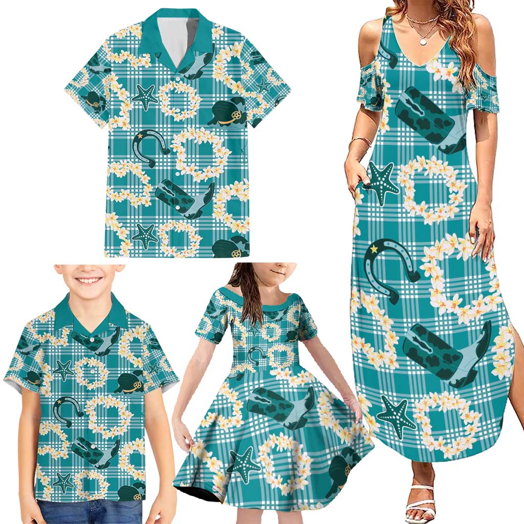 Aloha Hawaii Paniolo Teal Palaka Family Matching Summer Maxi Dress and Hawaiian Shirt Coastal Rodeo LT7 - Polynesian Pride