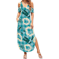 Aloha Hawaii Paniolo Teal Palaka Family Matching Summer Maxi Dress and Hawaiian Shirt Coastal Rodeo LT7 Mom's Dress Teal - Polynesian Pride